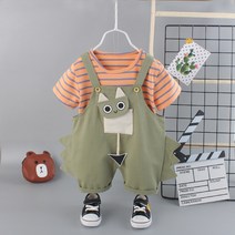 ALMXH 새로운 유아 소년 여름 의류 세트 어린이 스트라이프 탑스 + 동물 패치 워크 반바지 2pcs Tracksuits for Girls Kids Outfits