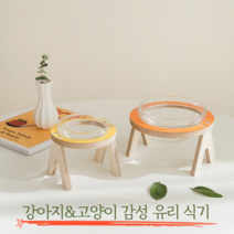 강아지 고양이 유리 밥그릇 물그릇 원목받침대 예쁜식기 컬러식기, 그린, Large