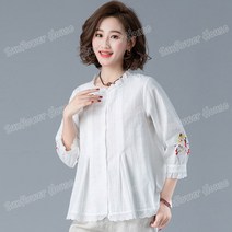 여성 여름 7부 슬리브 자수 린넨 블라우스14