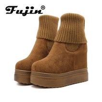 발목부츠 Fujin-여성용 미드 카프 부츠 겨울 니트 울 히든 힐 패션 플랫폼 두꺼운 밑창 신발 여성