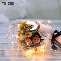 부케돔 YO 장미 미니 꽃다발 유리 커버 LED 스트링 라이트 드라이 로즈 플라워 웨딩 룸 장식 발렌타인데이 크리스마스 건전지, 1.pink