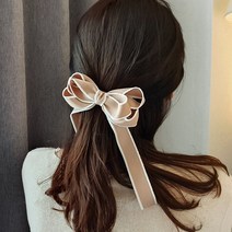 소공녀 롱리본 머리핀+머리끈 2개 세트 골프리본핀 헤어 악세사리, 베이지 Beige