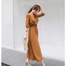 여성 시폰 긴소매 플리츠 원피스 여성 의류 슬림핏 허리 조임 날씬해 보이는 플리츠 스커트