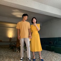 여름 라라랜드 빅카라 노란 원피스 커플 시밀러룩