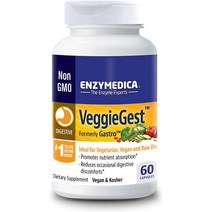 프로바이오틱스 Enzymedica VeggieGest 완전 채식주의자 및 생식용 소화 효소 가스 복부팽만 예방 60 캡슐, [01] 60개1팩, [01] 표준 포장