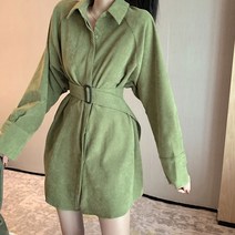 라오반 ZHD1609 허리 벨트 포인트 코듀로이 루즈핏 롱셔츠