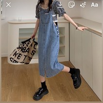 【DF】실제 가격 ~ 바흐 데님 스커트! 느슨한 레트로 노화 데님 서스펜더 드레스 Suspender 드레스