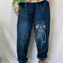 호정샵 (당일출고) 여성용 겨울 기모 허리밴딩 빅사이즈 루즈핏 스판 자수 청배기바지 88사이즈