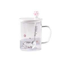 ANKRIC 머그잔 높은 붕규산 유리 창조적 인 만화 머그잔 뚜껑 숟가락 집 투명 컵 커피 컵 머그컵, 그레이 고양이 쓰리피스 컬러박스세트