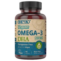 DEVA 비건 오메가-3 DHA 보충제 - 하루에 한 번 소프트젤 200MG - 카라기난 프리 - 젤라틴 프리 - 생선 없음 - 조류 오일 - 오메가-3 지방산 - 소프트젤 90정, 90 Count (Pack of 1)