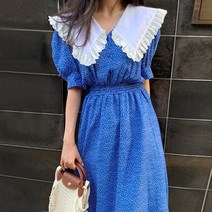 퍼프소매원피스 CHIC 프렌치 레이스 러플 플랫카라 쓰리버튼 허리보정 잔물결점 여성 2391559615