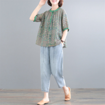 꽃소담 중년여성 반팔셔츠 와이드 밴딩바지 투피스 데일리 상하세트 빅사이즈 QQA06