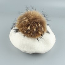2021 새로운 큰 진짜 모피 pompom 베레모 여성 빈티지 아티스트 베레모 모자 여자 가을 봄 모직 니트 모자