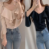 2개 데일로엔 여성용 변형 스퀘어넥 퍼프 라인 블라우스 2개 봄 여름 가을 퍼프 프렌치 캐주얼 블라우스 긴팔블라우스 반팔블라우스 셔츠 스퀘어넥 쉬폰 프릴