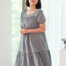 여자 복고풍 체크무늬 퍼프 반팔 롱 원피스 빅사이즈 77 88사이즈 레드 블랙 봄 여름 가을 스퀘어넥 여친룩 피크닉룩 임산부 임부복 여성스러운 러블리 데이트 편안한 예쁜