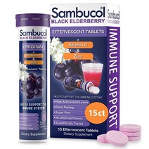 Sambucol 비타민 C 및 아연이 함유된 블랙 엘더베리 태블릿 면역 지원 보충제 아연 발포성 정제가 높은 항산화 물질 음료 거품 15정 미국직송 318261, 15 Count (Pack of 1)