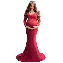 OLEMEK 여성용 오프 숄더 레이스 맥시 임산부 드레스 긴 퍼프 슬리브 브이넥 우아한 슬림 핏 가운 스플릿 임신 사진 버건디 X-Large [미국 직배송], Sky Blue