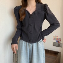 여성 봄 블라우스 지컷 이른 2022 퍼프 소매 스퀘어 칼라 블랙 셔츠 류 디