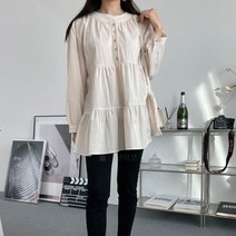 브이와이 여자 버튼라운드넥 캉캉 플레어 솔리드 코튼 블라우스