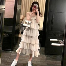 W99626 봄신상 프릴 캉캉 민소매 끈 나시 롱 원피스