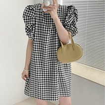 패스타임 여성 아방한 체크 퍼프 볼륨 셔링 반팔 미니 롱원피스 하객 베이비돌
