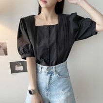 예쁨주의 스퀘어넥 퍼프소매 핀턱 반팔 블라우스