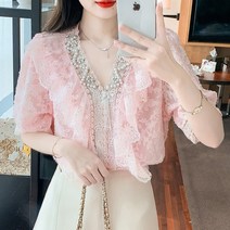 여름 중공업 비즈 쉬폰 셔츠 레이스 블라우스