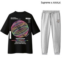 슈프림 트레이닝복 상하의 세트 남녀공용 오버핏 5부 반팔티 조거팬츠 커플룩 운동복 써클