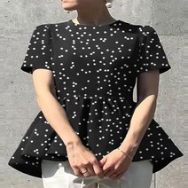 여성 땡땡이 셔츠 블라우스 도트 프릴 여름 반팔 패션 캐주얼 비대칭 밑단