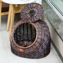 라탄 숨숨집 고양이 침대 집 강아지 하우스 반려 애완견 등나무 동물 캣 둥지, L(도어포함), 커피색
