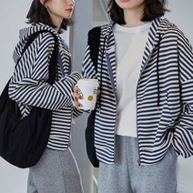 주디앤 여성 봄 가을 스트라이프 후드 집업 아우터 오버핏