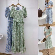 [이영] 여성 플라워원피스 롱원피스 데일리 플레어 플라워 스퀘어넥 쉬폰 루즈핏 반팔