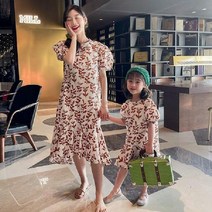 해외러블리 우아 여아 퍼프 반팔 원피스 프릴 코튼 플라워 여름 롱원피스 엄마랑딸 커플