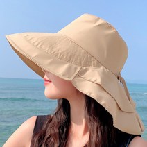 데일리비 자외선차단 뒷면보호 리본묶음 이중프릴 여름 여자 챙모자 휴가 바캉스 비치 물놀이 아쿠아 플랩캡 모자