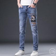 도오빠 남성 청바지 데님 일자진 슬림핏 워싱 호랑이 패치 자수 스판 남자청바지