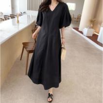 레이디 매직(lady magic) 여성스러운 오버핏 벌룬소매 린넨 마 빈티지 롱원피스