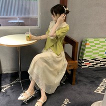 여름 정장 여성의 2022 새 재킷 절반 길이 메쉬 스커트 프랑스 부드러운 바람 고급 투피스, 녹색 재킷 스커트 가치 투피스, L 권장 111-120kg