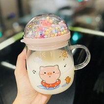캐릭터유리컵 미경관 큐트 초모 있음 뚜껑 스푼 하이 붕소 실리콘이다 견디다 온수컵 한식 가정용 아침식사 2424103649