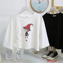 puildaug 반팔 티셔츠 여성용 느슨한 drawstring 배꼽 높은 허리 짧은 탑