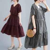 도니와 여성 브이넥 고방체크 미디원피스 A라인원피스 허리끈원피스 편한원피스 기본원피스 여름원피스 데일리룩 여행패션 체크원피스 체크반팔 데이트룩 직장인원피스 소개팅룩 신행원피스