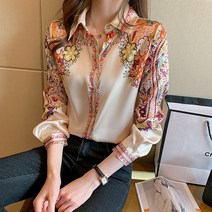 실크 블라우스 여 빈티지 포지셔닝 프린트 상의 봄옷 새틴 누에실 긴팔 셔츠