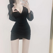 쭈글이원피스 2022 봄가을 브이넥 슬림 허리보정 패치워크 힙랩 짧은 여성의류