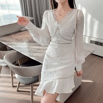 가을 화이트 원피스 레이스 스커트 긴팔 얇은 v 넥 프릴 드레스 기상캐스터 아나운서 코디