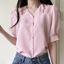 퍼니걸스 6427 데일리 브이넥 쉬폰 퍼프 셔링 반팔 블라우스 여성의류