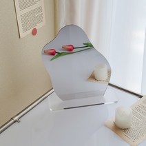 비정형 탁상 거울 웨이브 물결 세우는 화장대 스탠드 노프레임 안전거울 투명 아크릴 받침대, 직사각형