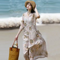 Tagi.여성용 7부 소매 린넨 코튼 롱원피스 루즈핏 면마 스커트 봄여름