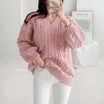 루즈핏 브이넥 꽈배기 니트티 T2110310