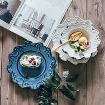 바로크 레이스 접시 빈티지 플레이트 샐러드 그릇 파스타볼, 블루, 6인치 플레이트