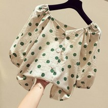 에블 대박걸 큰 땡땡이 귀여움 셔링 스퀘어넥 칠부 셔링 여름 베이지 블라우스