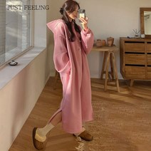 JUST FEEL!NG 빅사이즈 기모 롱원피스 박시핏 보온 맨투맨 롱 후드티 무릎까지 도톰 보온 원피스